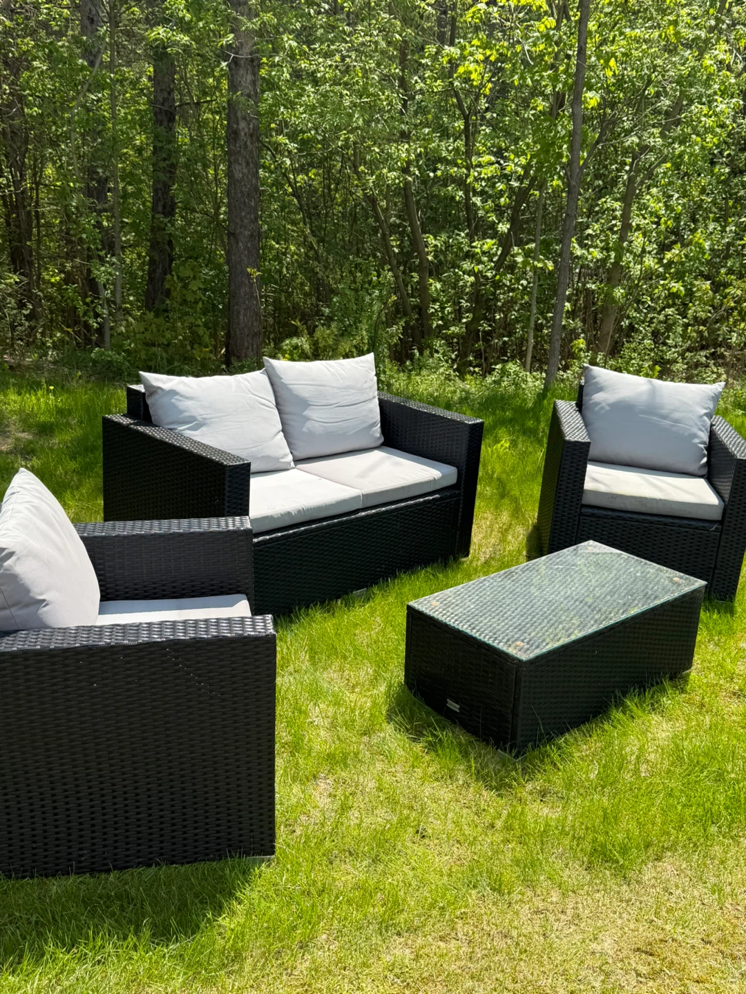 Black Wicker Patio Set with Cushions and Glass Coffee Table