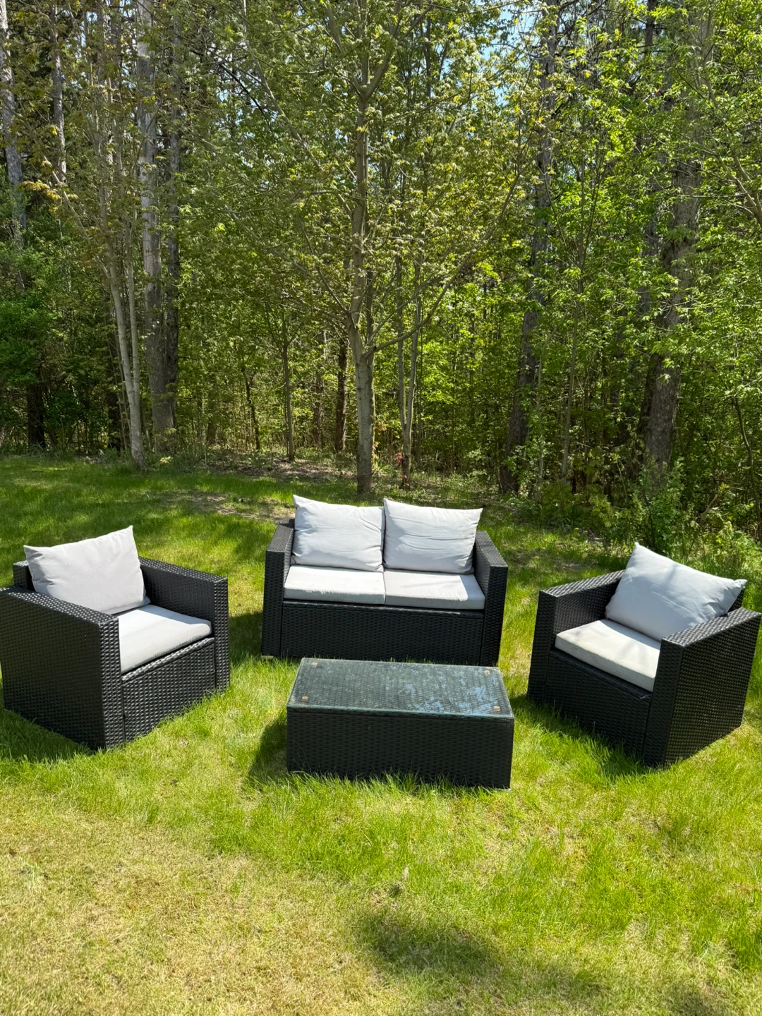 Black Wicker Patio Set with Cushions and Glass Coffee Table - photo 2