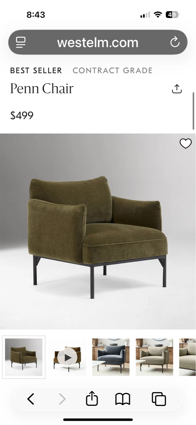 West Elm Penn Chair - Olive Green
