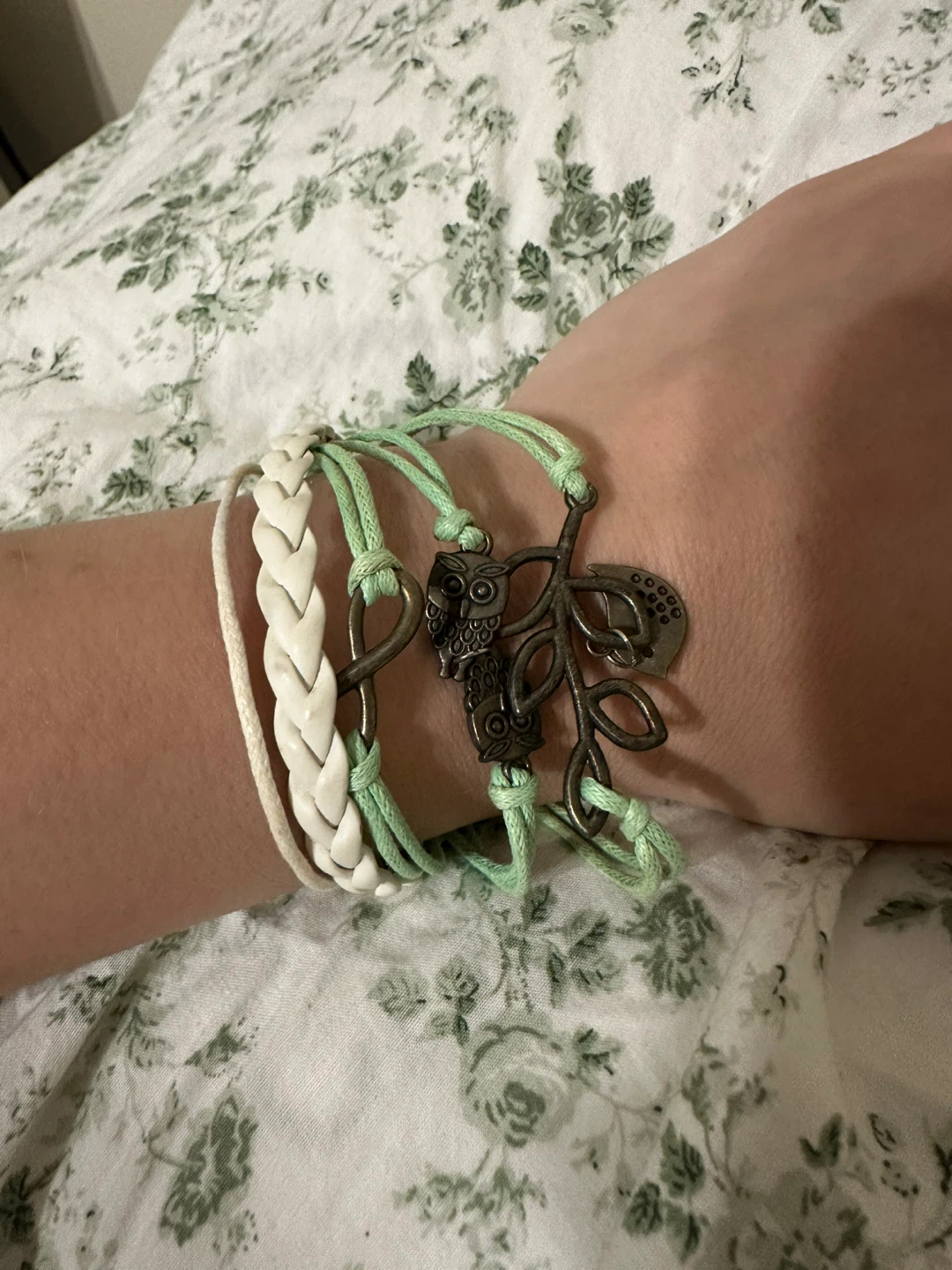 Owl charm bracelet with braided cords