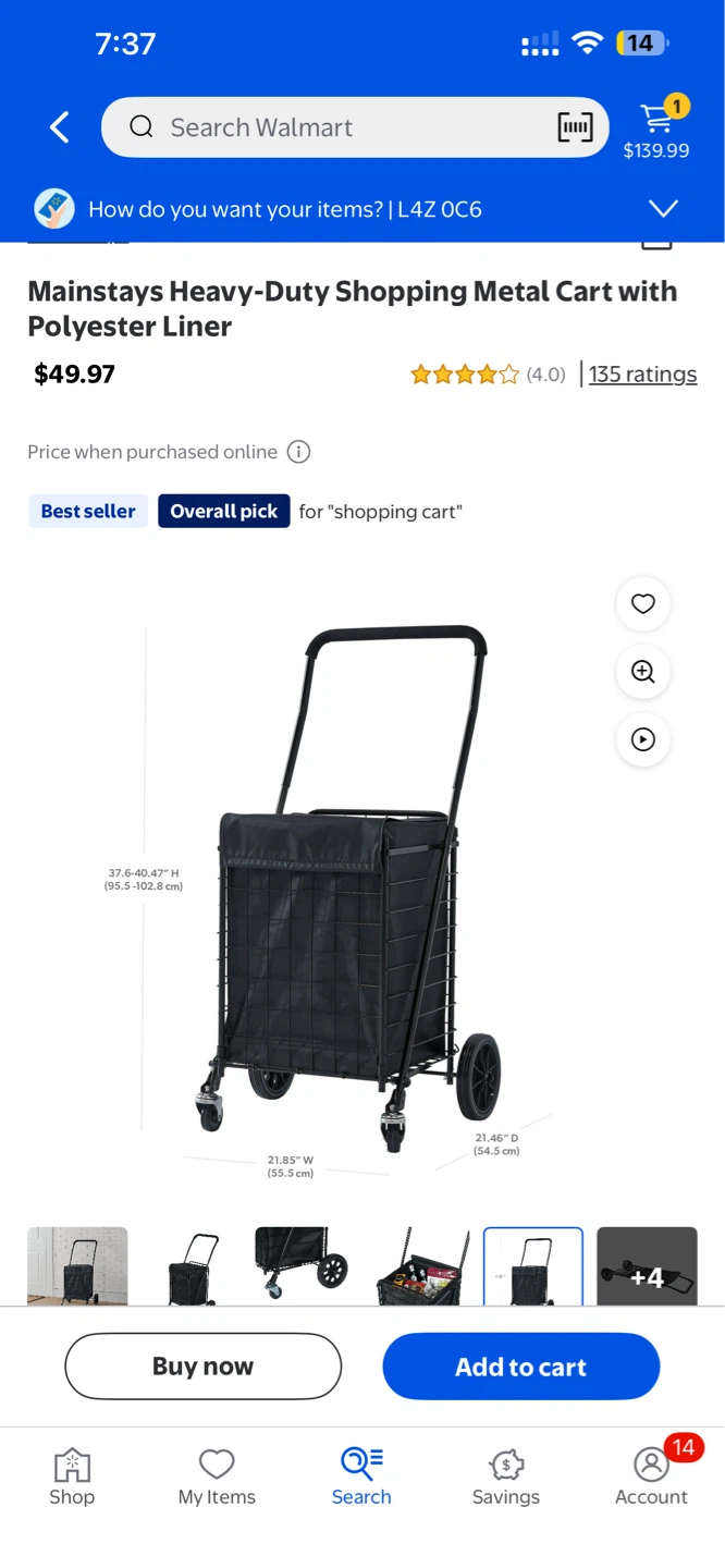 Mainstays Heavy-Duty Shopping Metal Cart with Polyester Liner