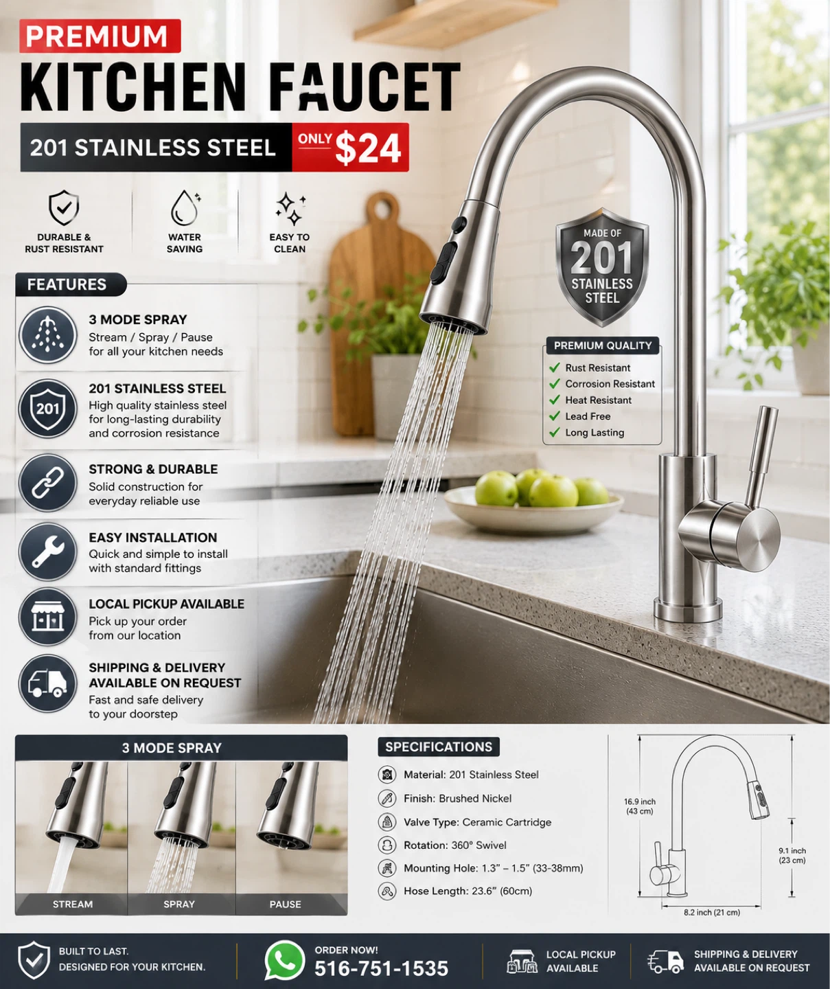 Premium Kitchen Faucet - 201 Stainless Steel