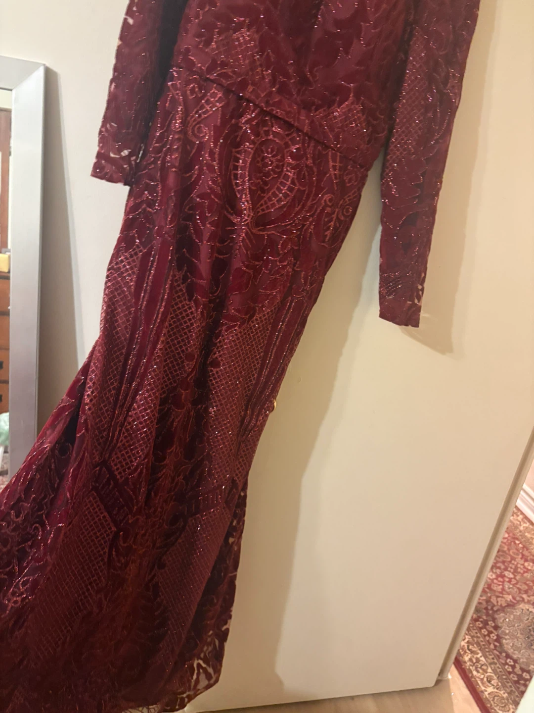 Long Sleeve Beaded Formal Dress - Burgundy