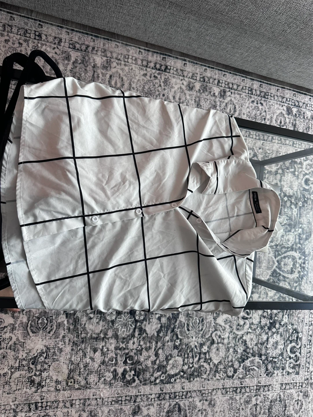 SHEIN White Black Grid Button-Up Shirt