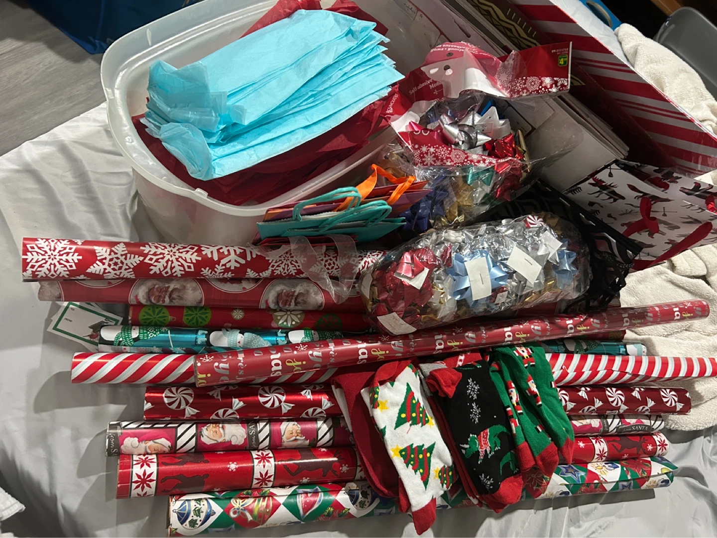Christmas Wrapping Paper, Bows, and Socks