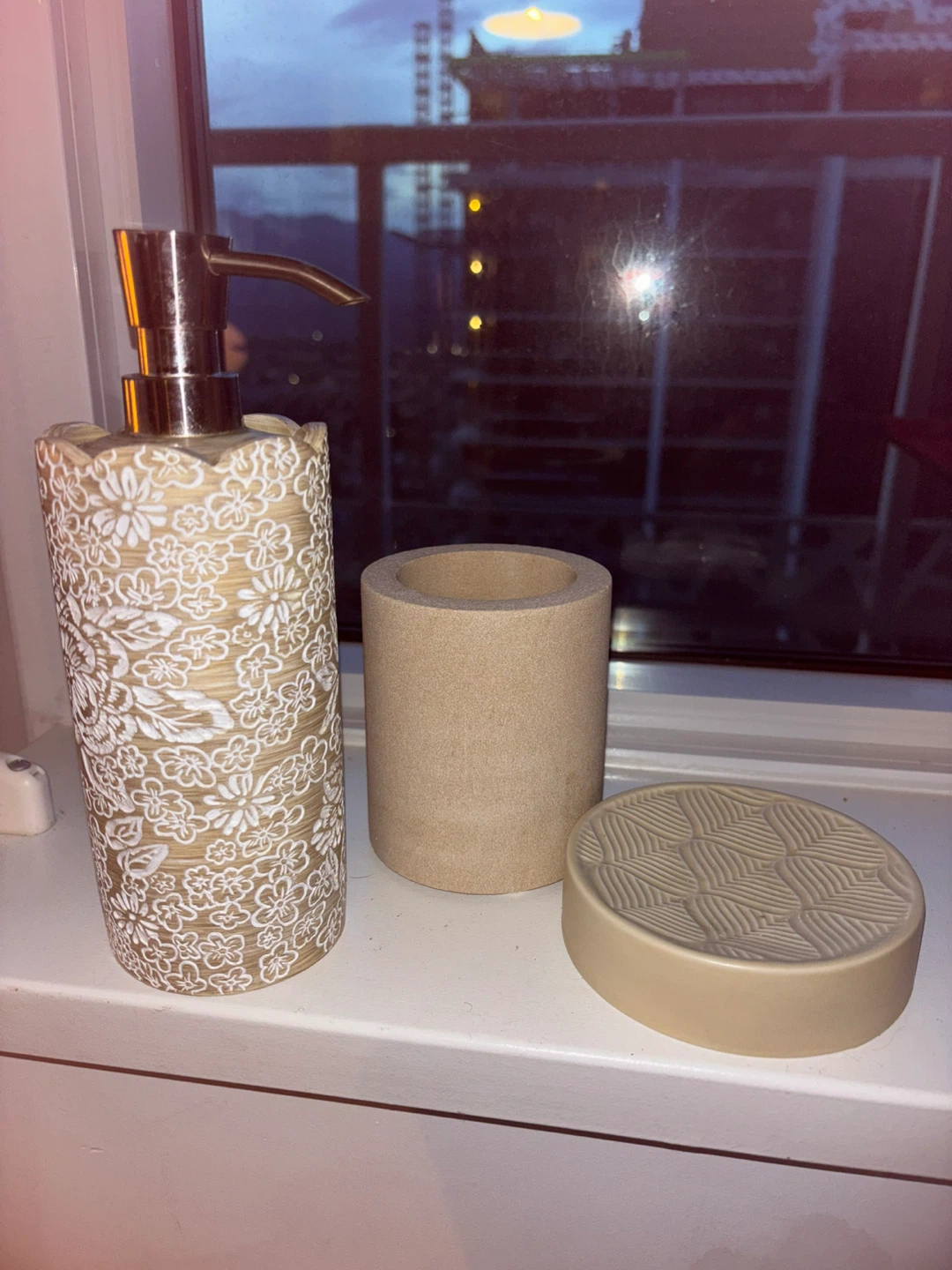 3-Piece Bathroom Set: Lotion Dispenser, Cup, Soap Dish