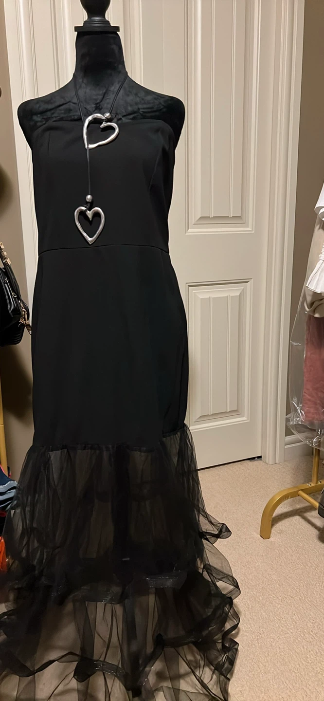 Black Strapless Ruffled Tulle Dress