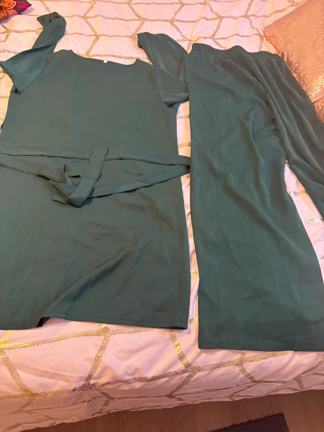 Women's Green Satin Dress and Pants Set