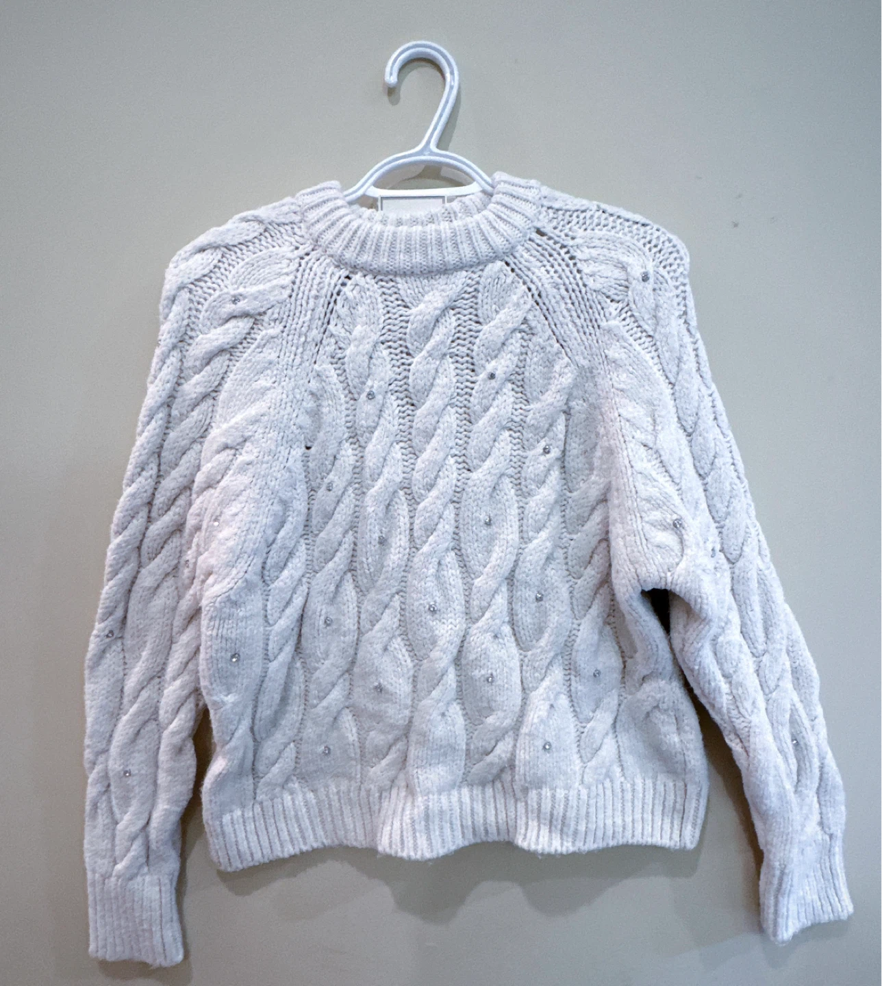 White Cable Knit Sweater with Rhinestones