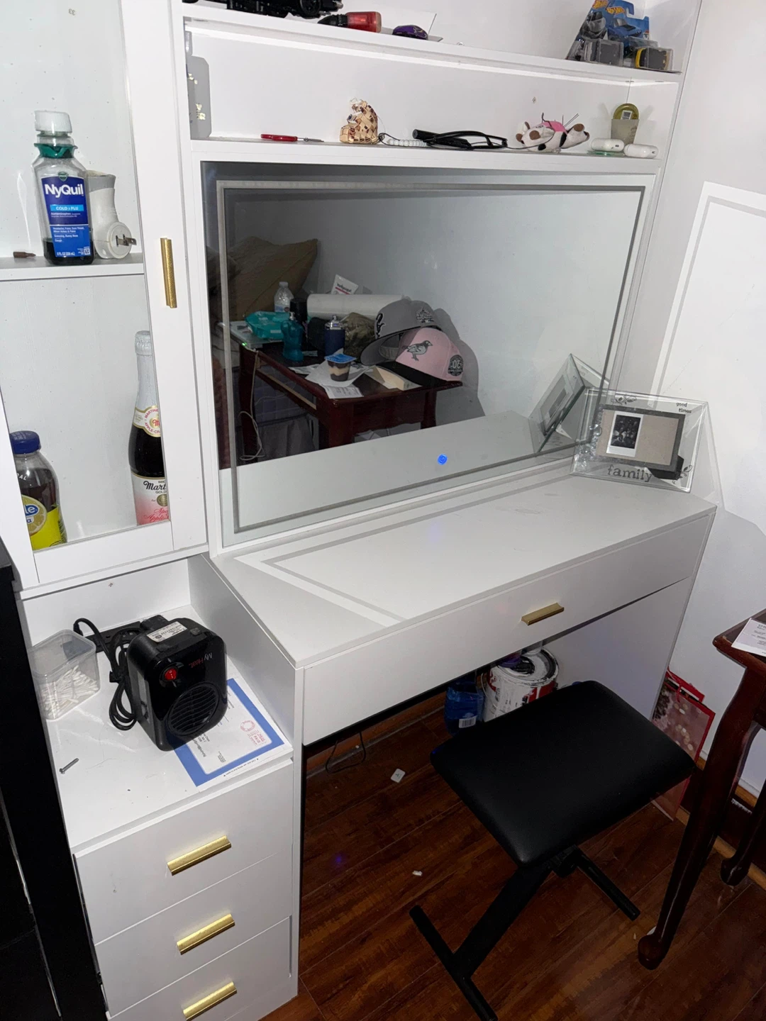 White Vanity Table with Mirror and Stool
