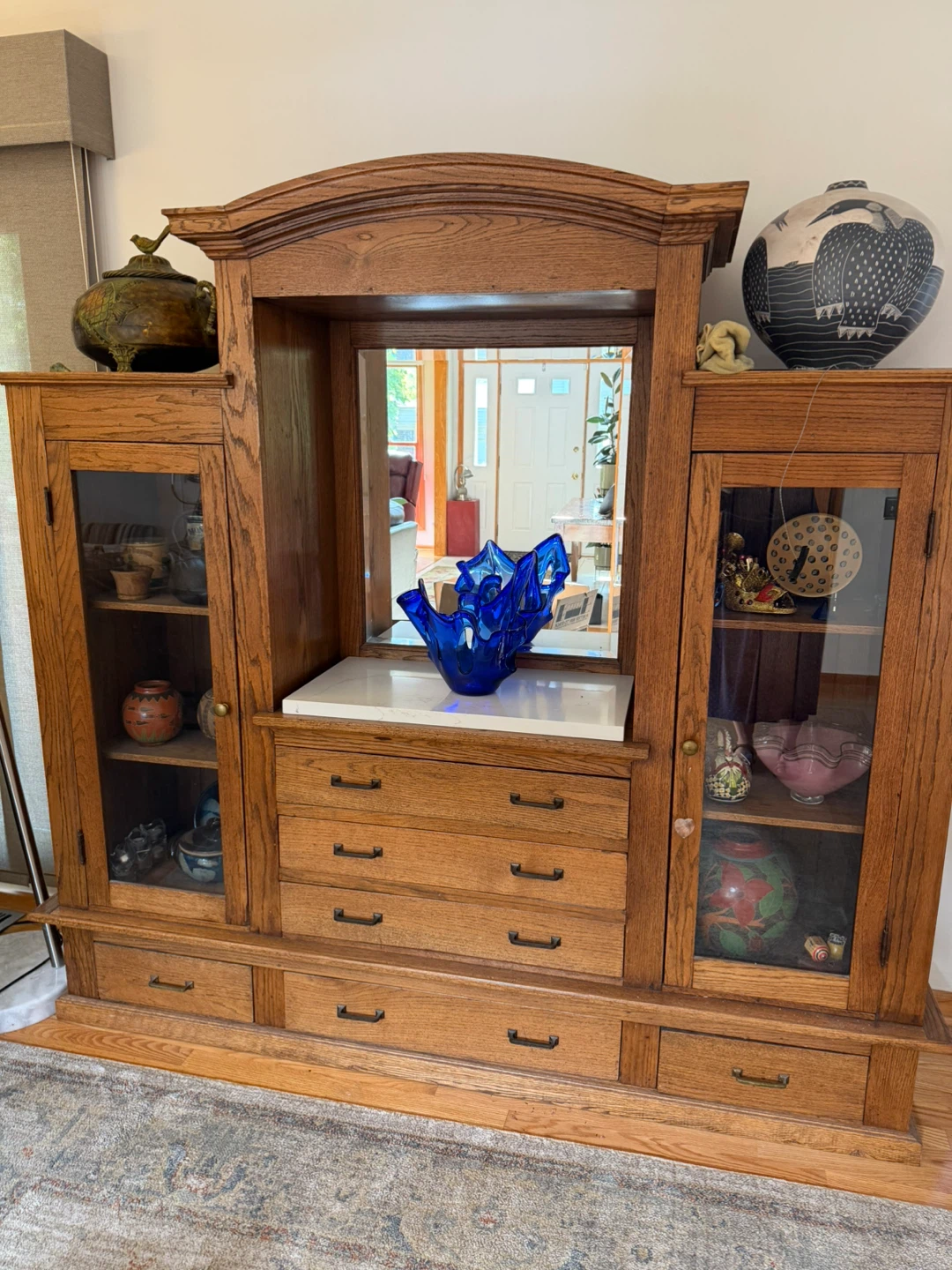 Antique Oak Display Cabinet with Mirror and Drawers