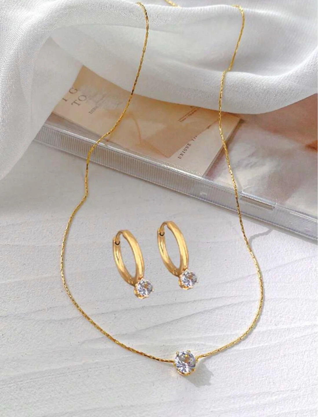 Gold Necklace and Hoop Earrings Set with Clear Gems