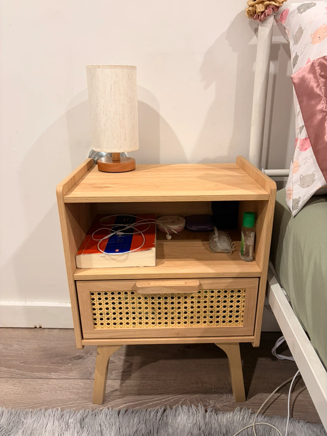 Wooden Nightstand with Cane Drawer