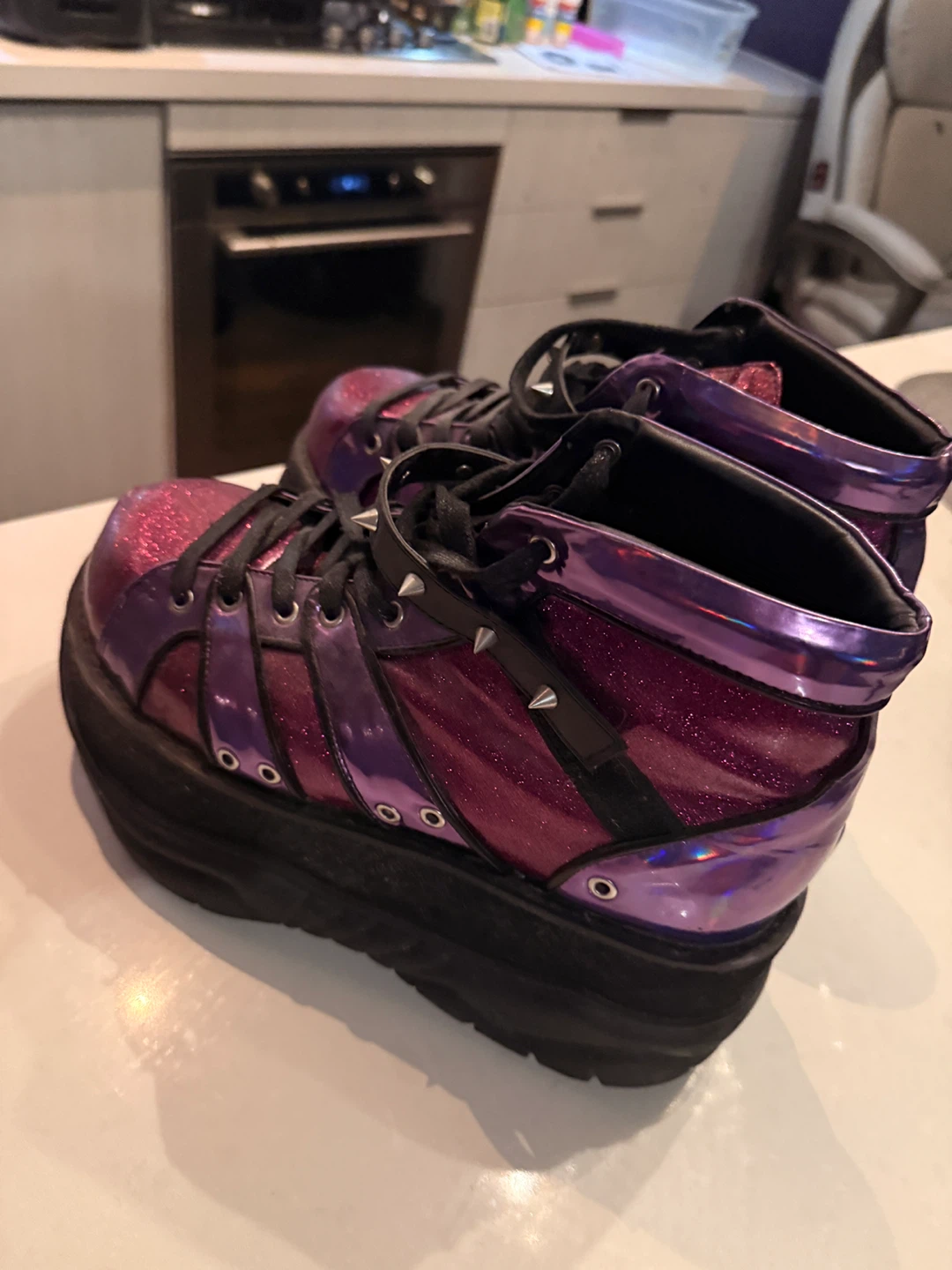 Purple Glitter Platform Boots with Spikes - photo 2