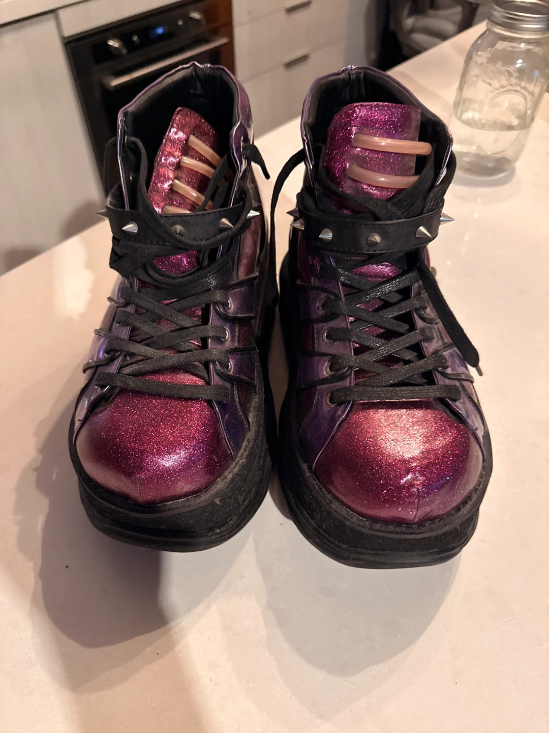 Purple Glitter Platform Boots with Spikes