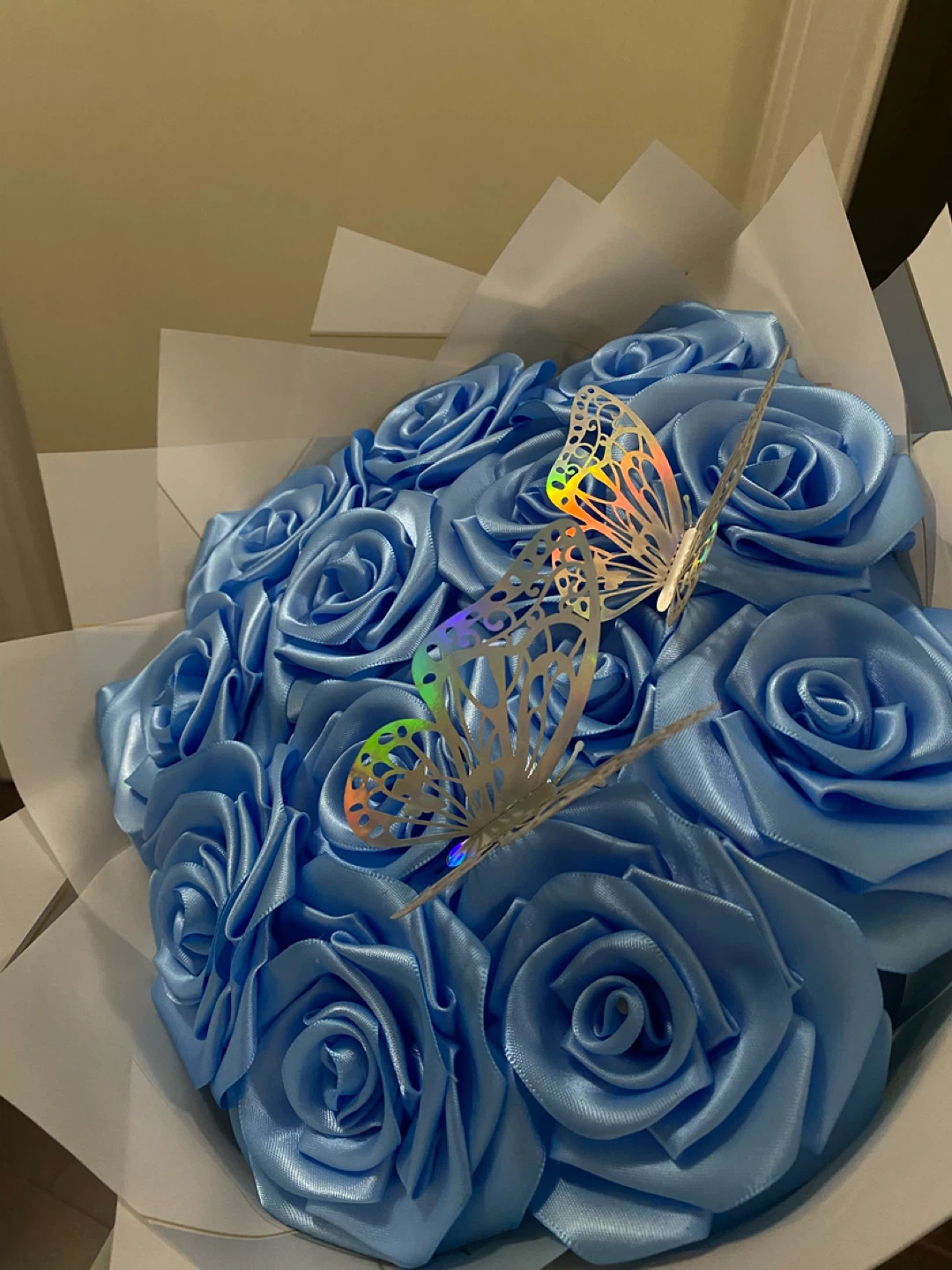 Blue Ribbon Rose Bouquet with Butterflies
