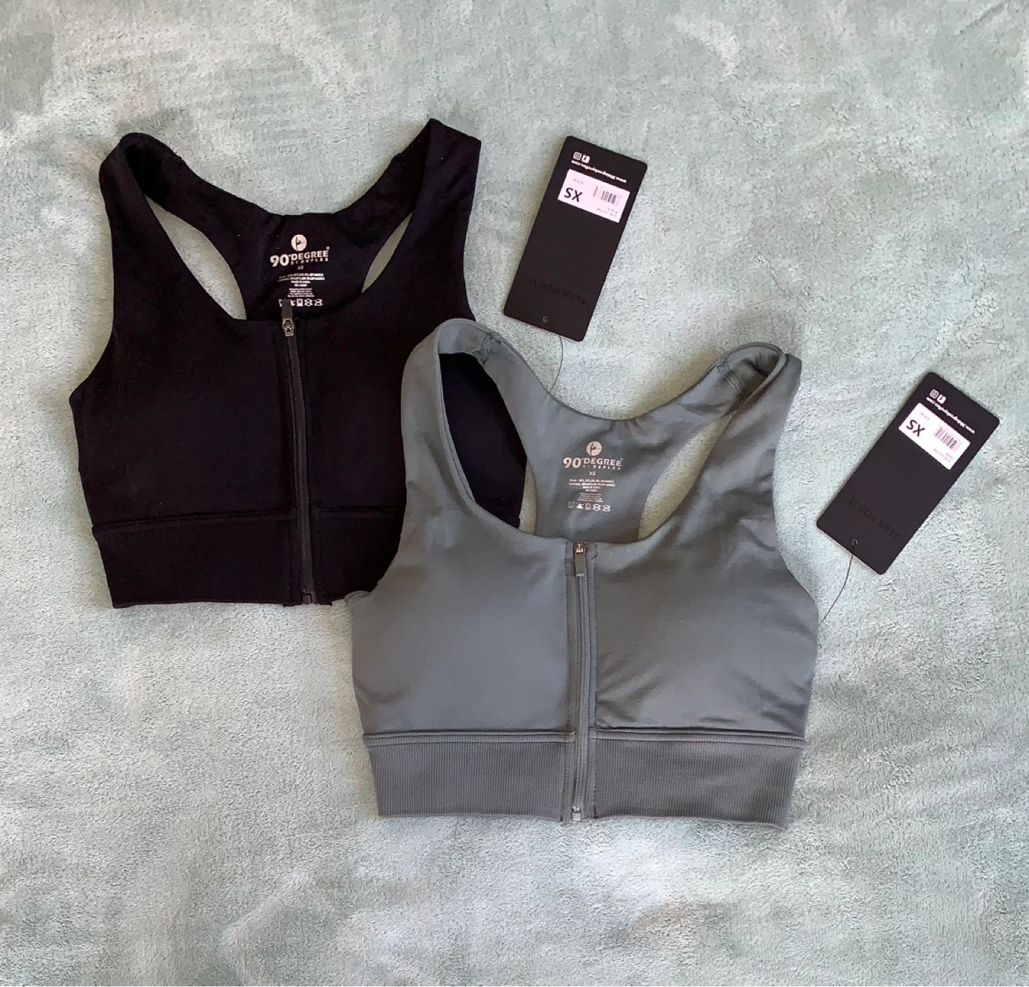 90 Degree By Reflex Zip Front Sports Bras (Black & Grey, XS)