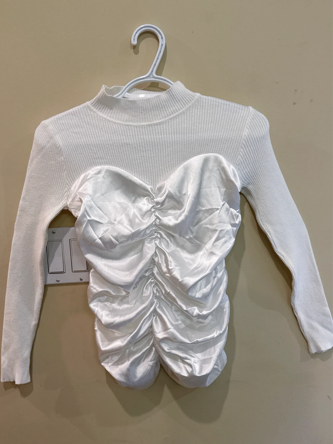 White ruched satin and ribbed knit top