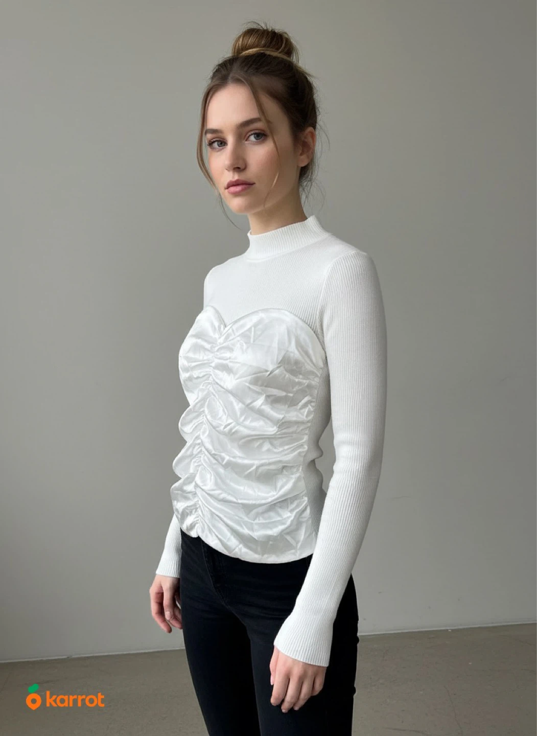 White ruched satin and ribbed knit top - photo 2