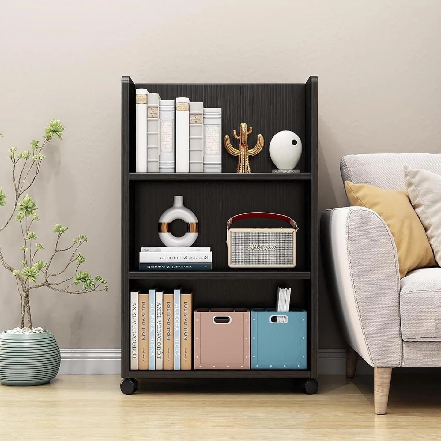 3-Shelf Rolling Bookcase - Black