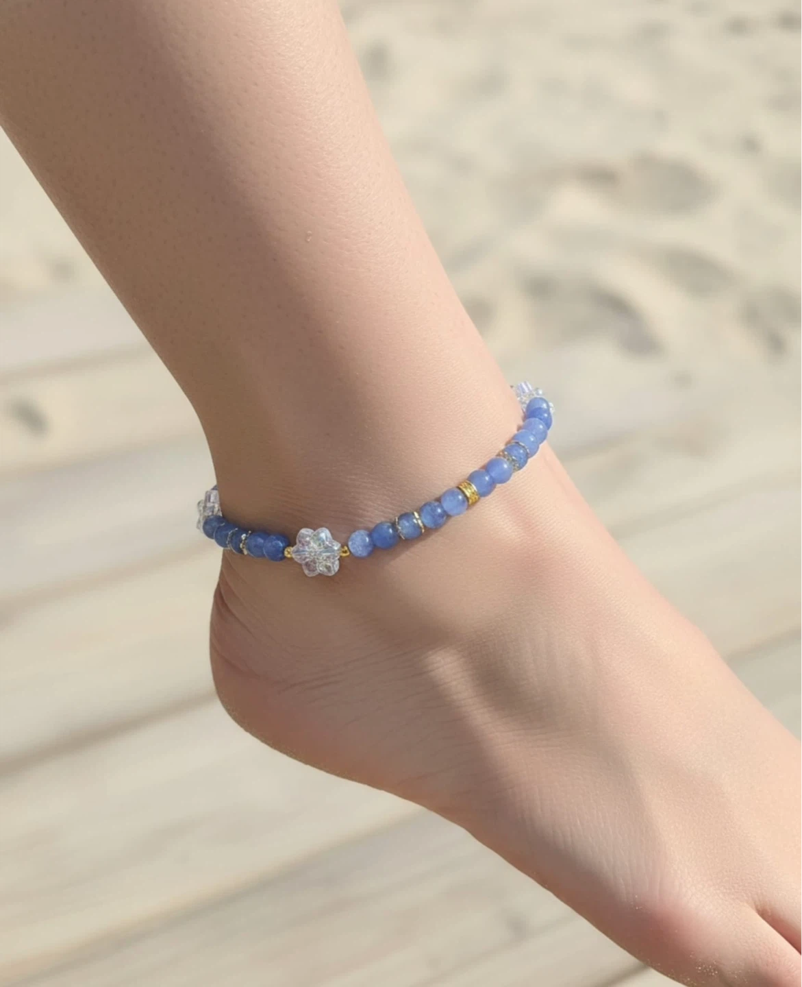 Blue Beaded Anklet with Flower Charms