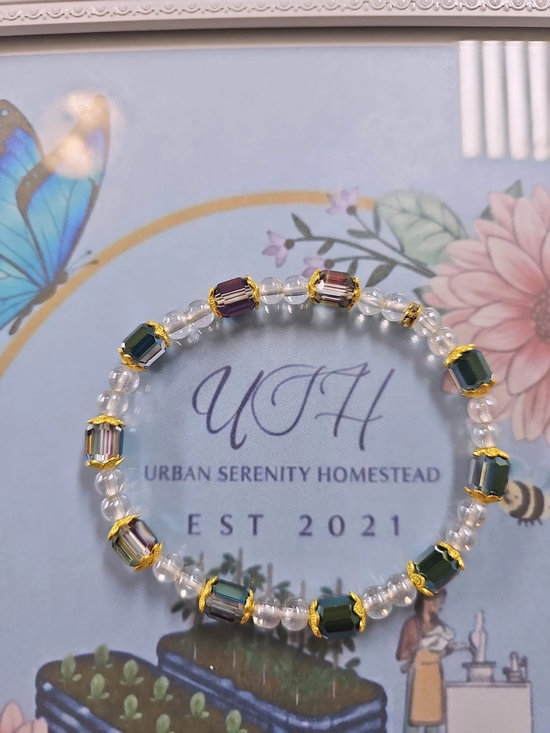 Beaded Ankle Bracelet with Purple and Green Crystals