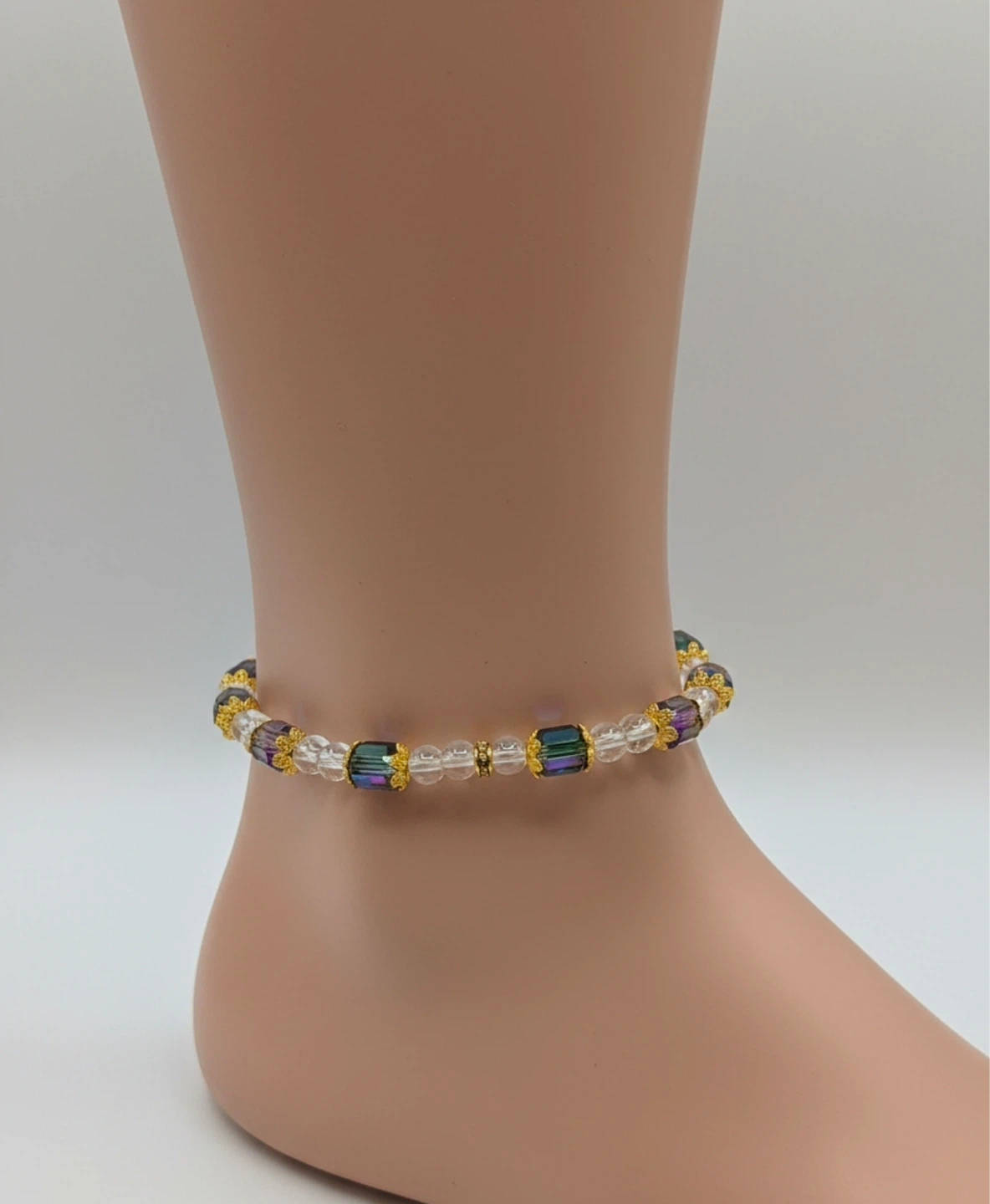 Beaded Ankle Bracelet with Purple and Green Crystals - photo 3