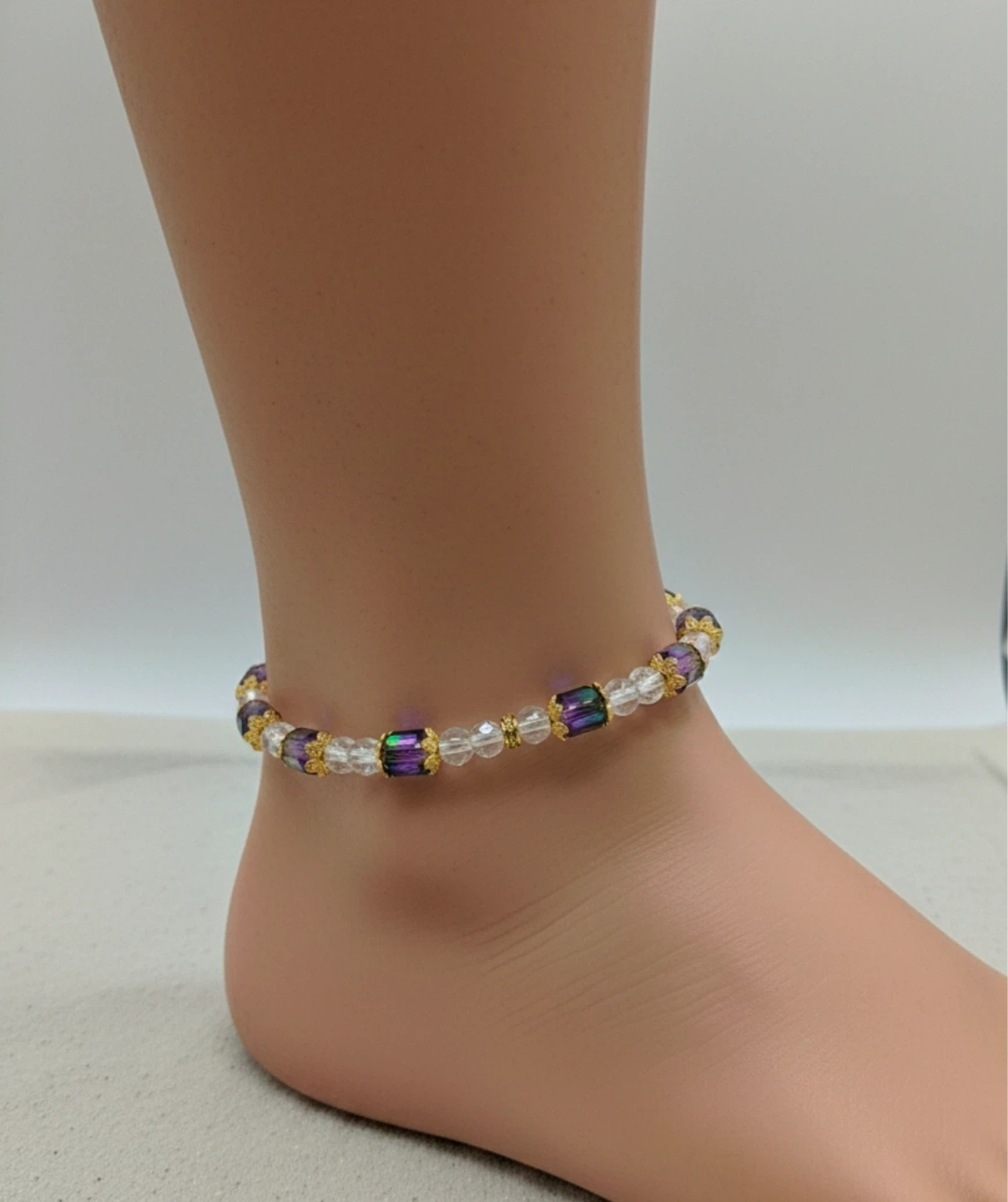 Beaded Ankle Bracelet with Purple and Green Crystals - photo 2