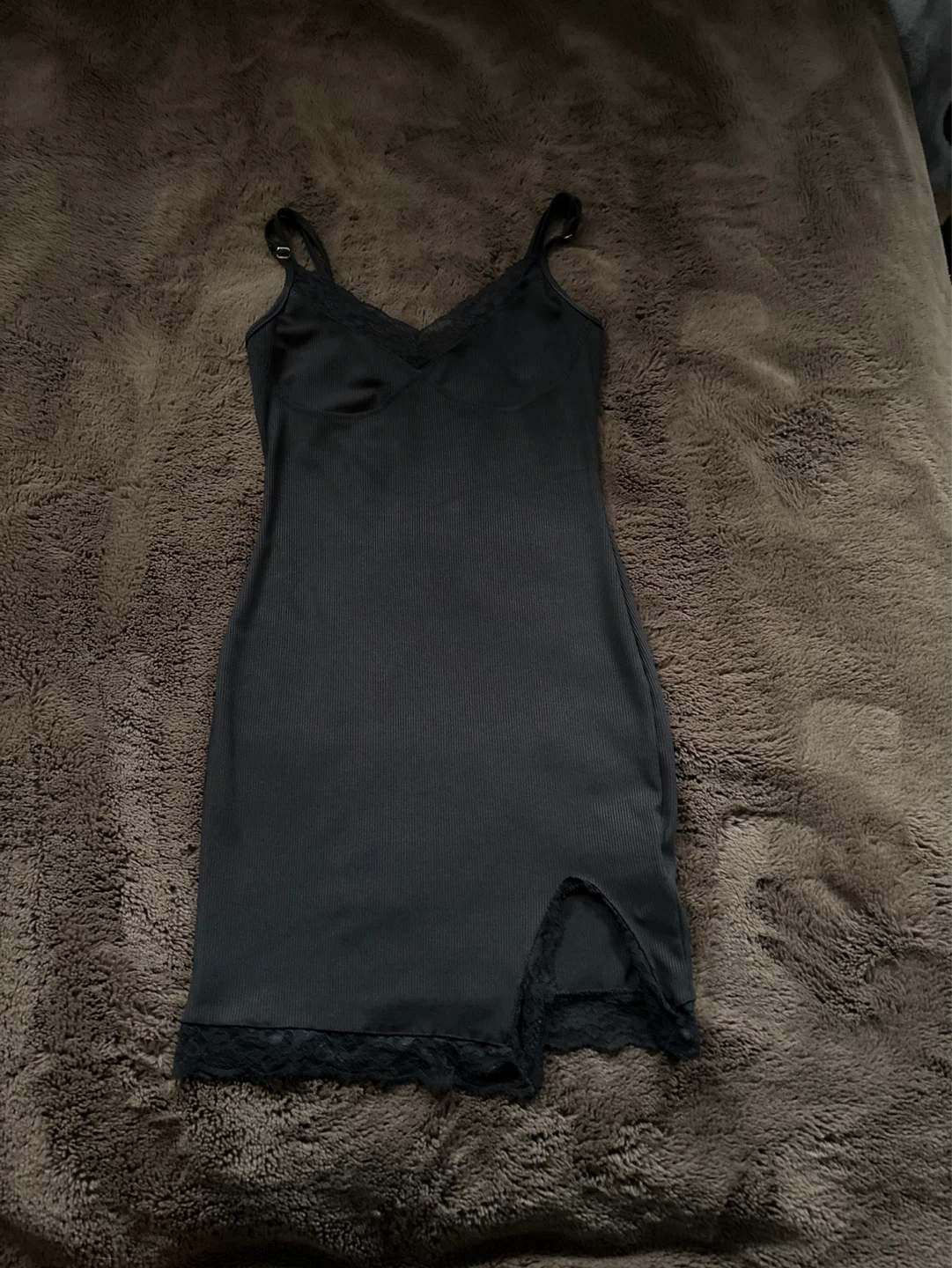 SHEIN Black Lace Trim Ribbed Slip Dress
