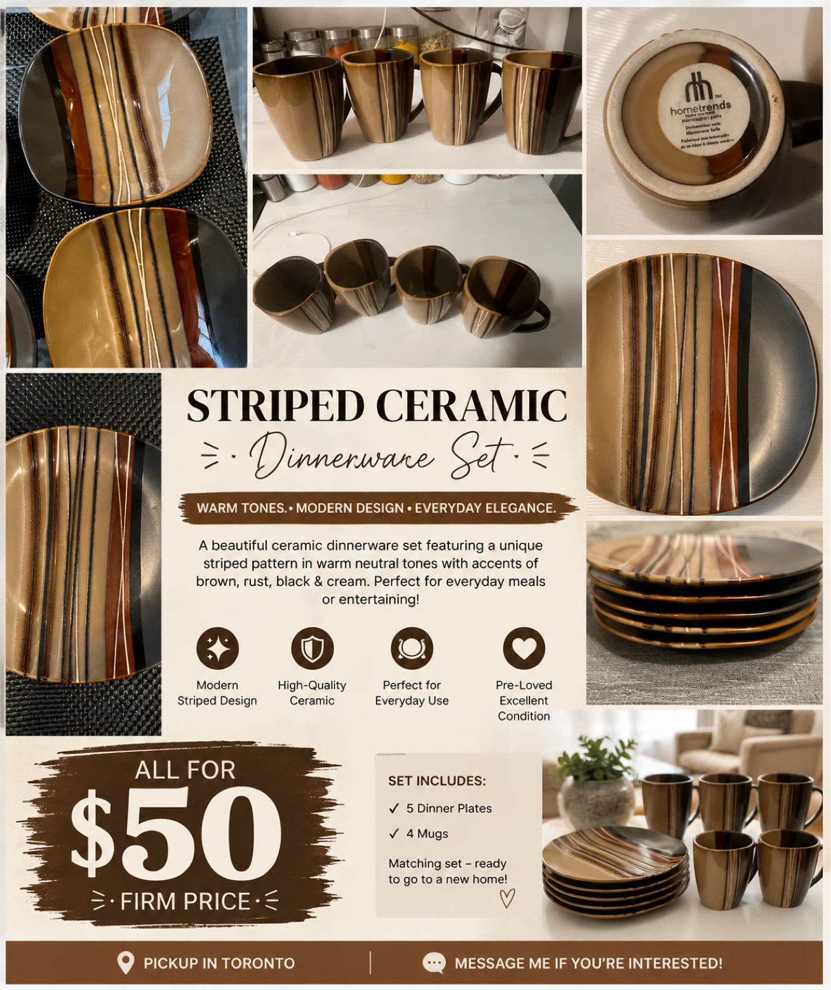 Hometrends Striped Ceramic Dinnerware Set - 5 Plates, 4 Mugs
