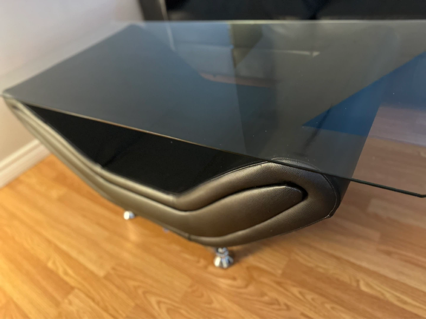 Modern Black Glass and Faux Leather Coffee Table