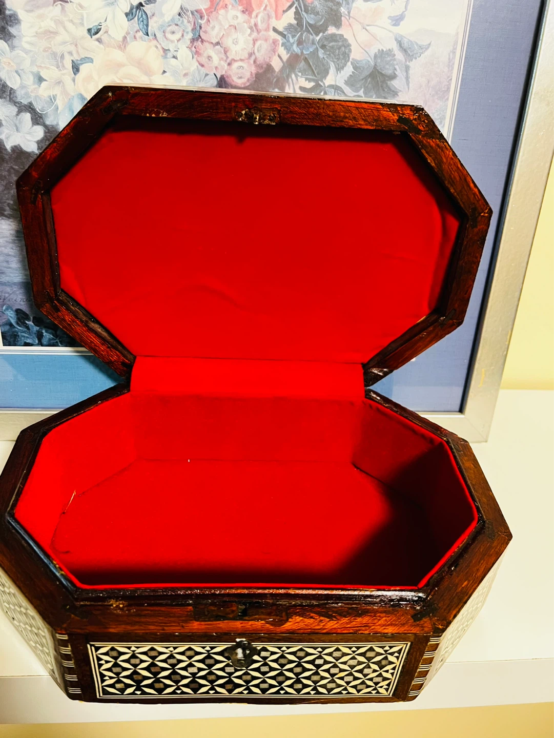Octagonal Wooden Jewellery Box with Red Velvet Lining