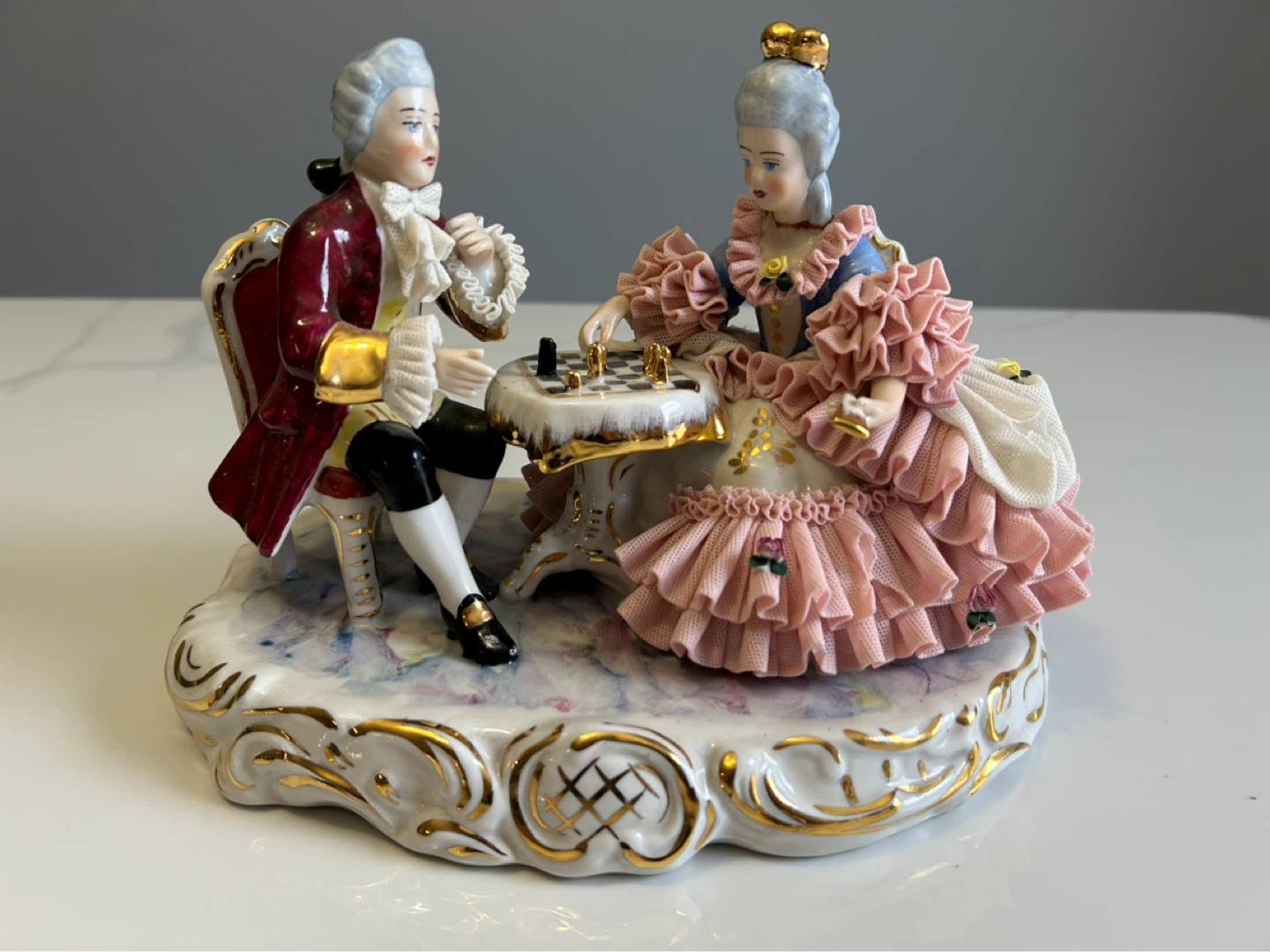 Porcelain Figurine of Couple Playing Chess - photo 3