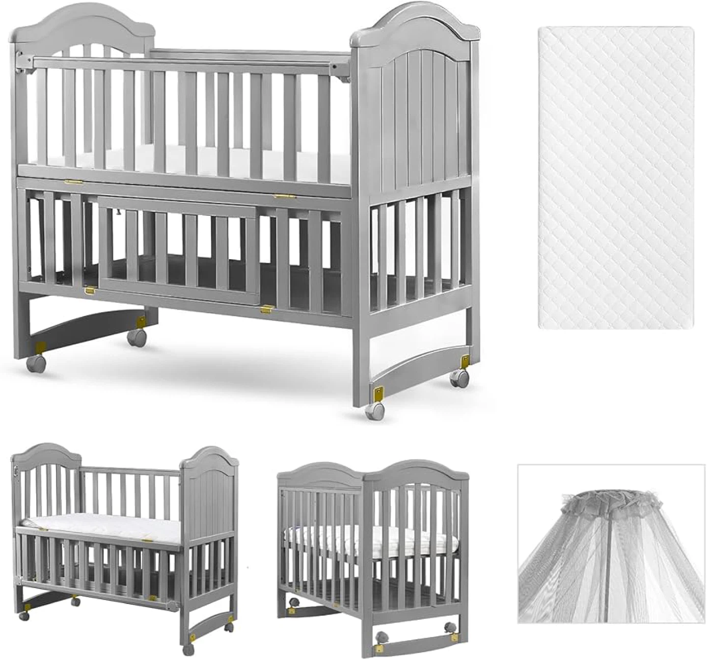 White Convertible Crib with Mattress and Canopy