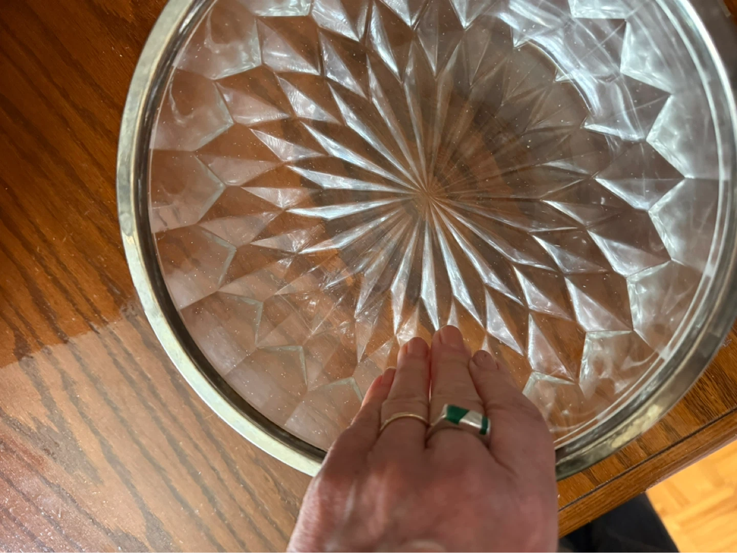 Glass serving dish with silver rim