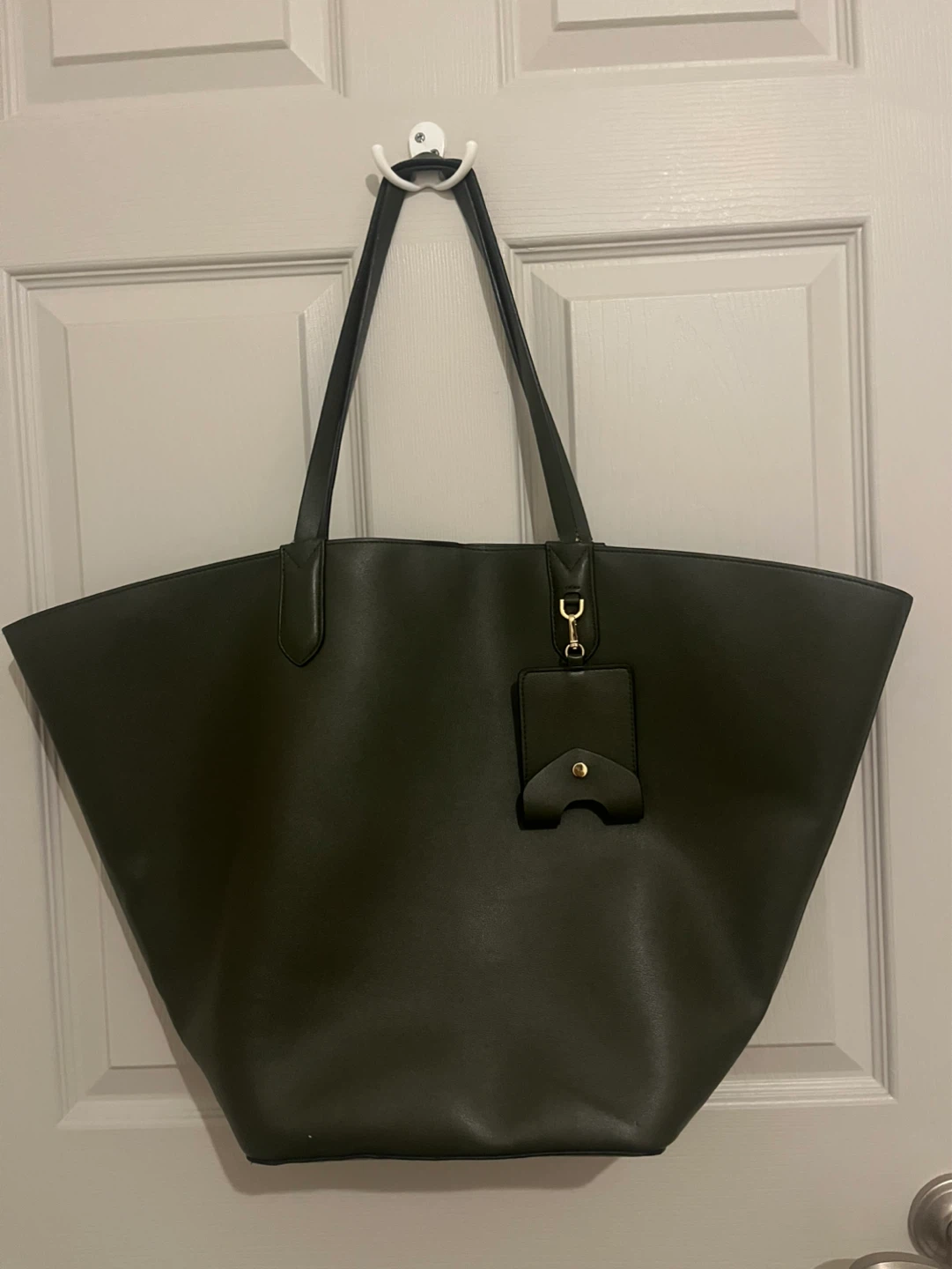 Olive Green Faux Leather Tote Bag with Charm