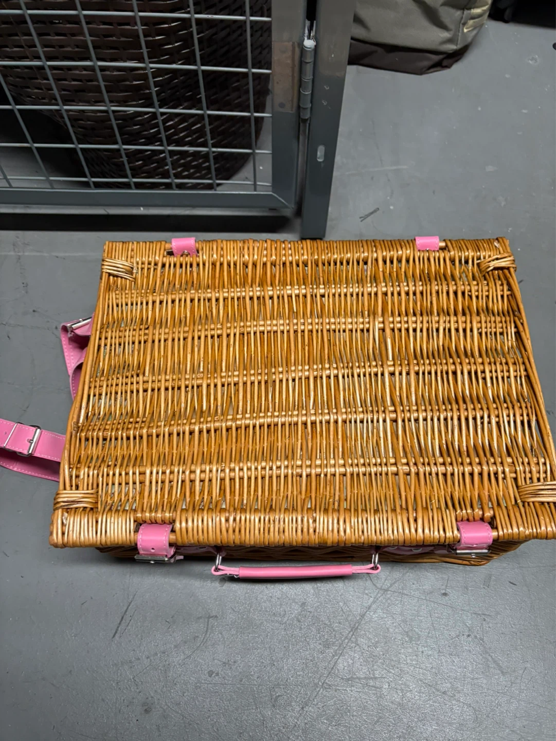 Wicker Picnic Basket with Floral Lining and Pink Accents