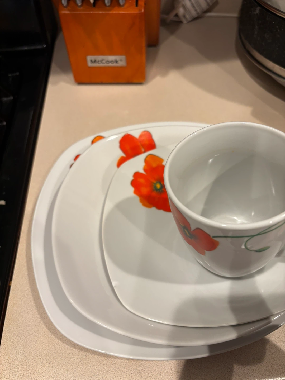 White Poppy Flower Ceramic Mug and Plate Set