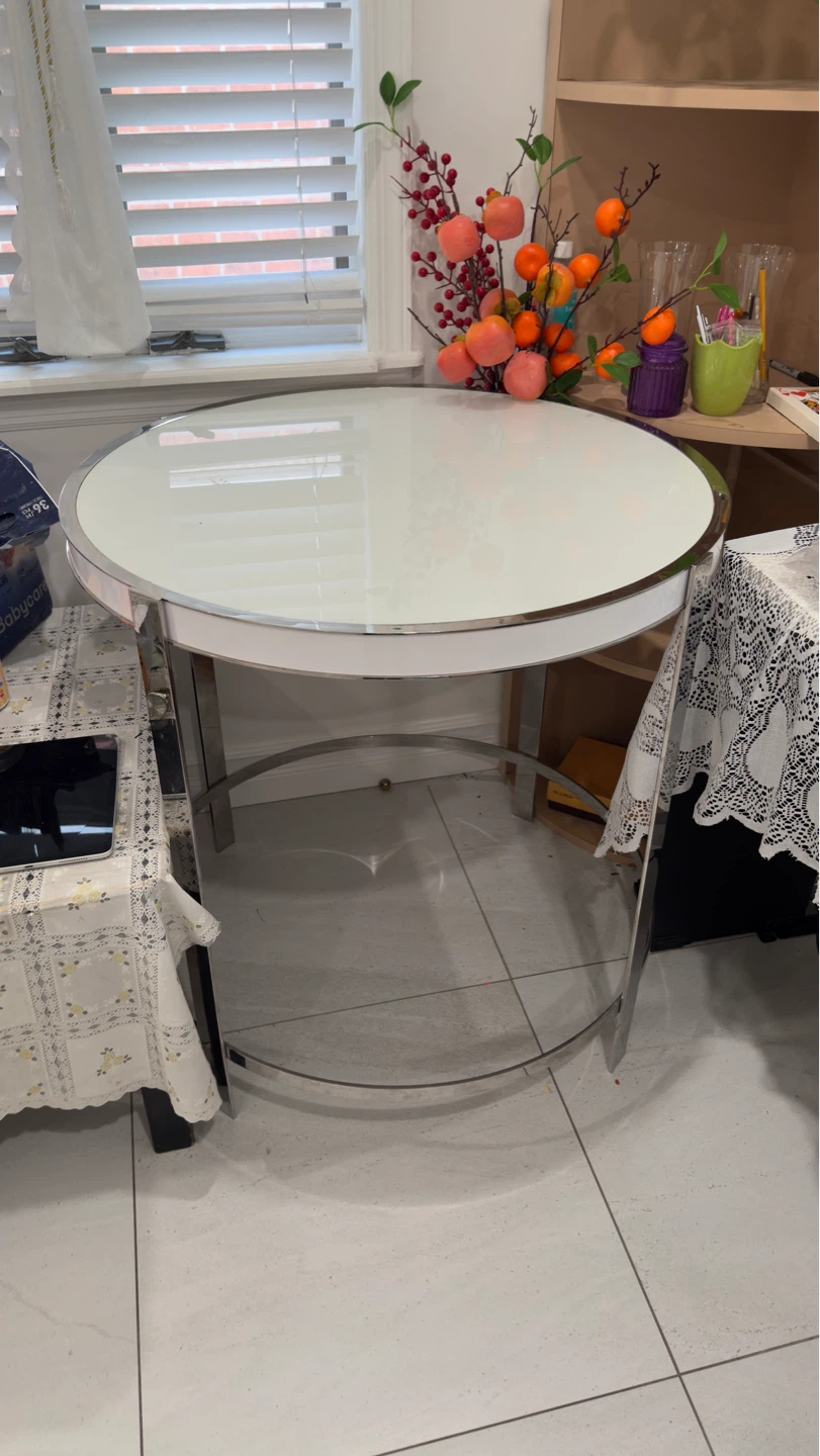 Round White Side Table with Chrome Base