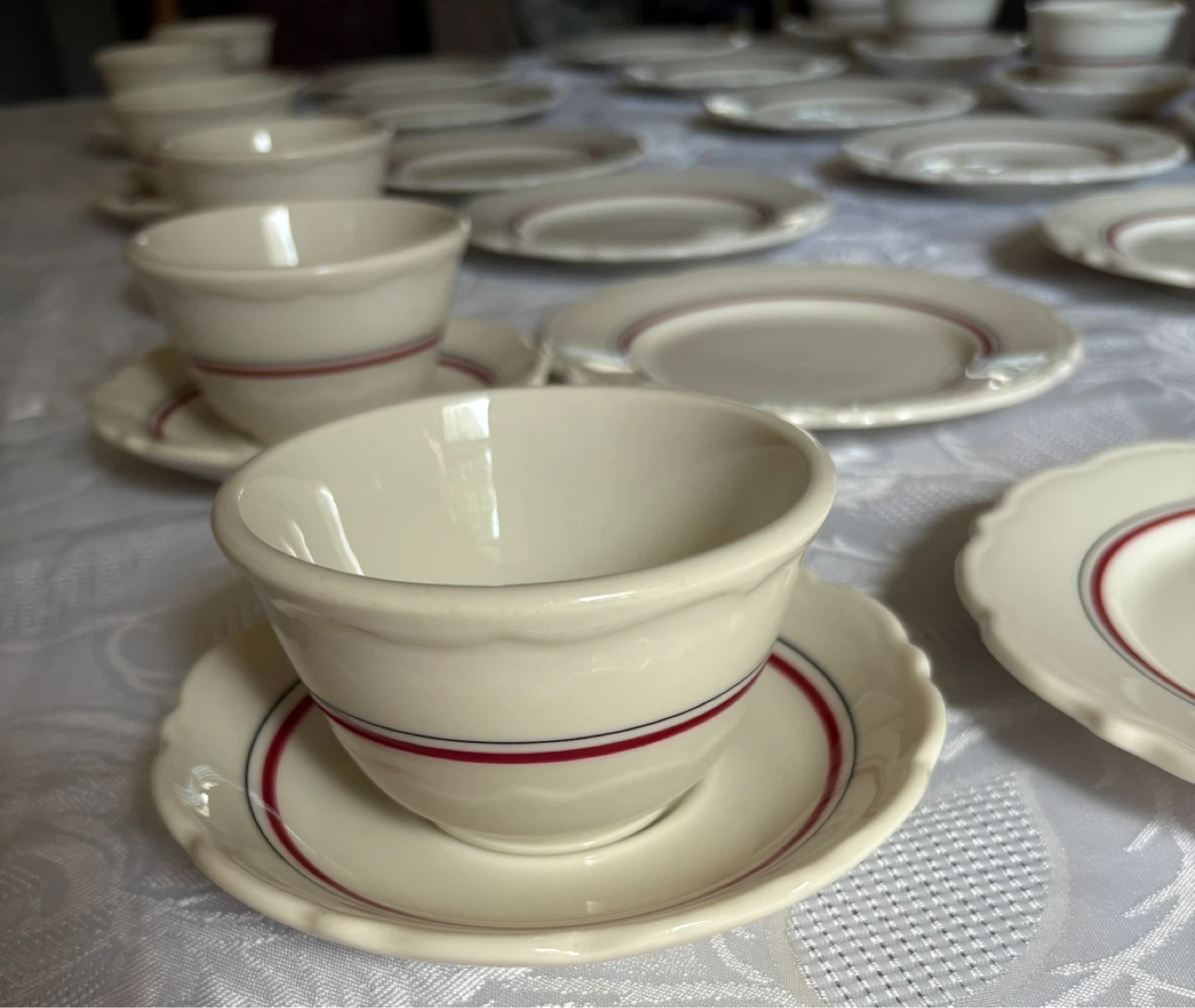 White Ceramic Cups and Saucers with Red and Blue Stripe - photo 5