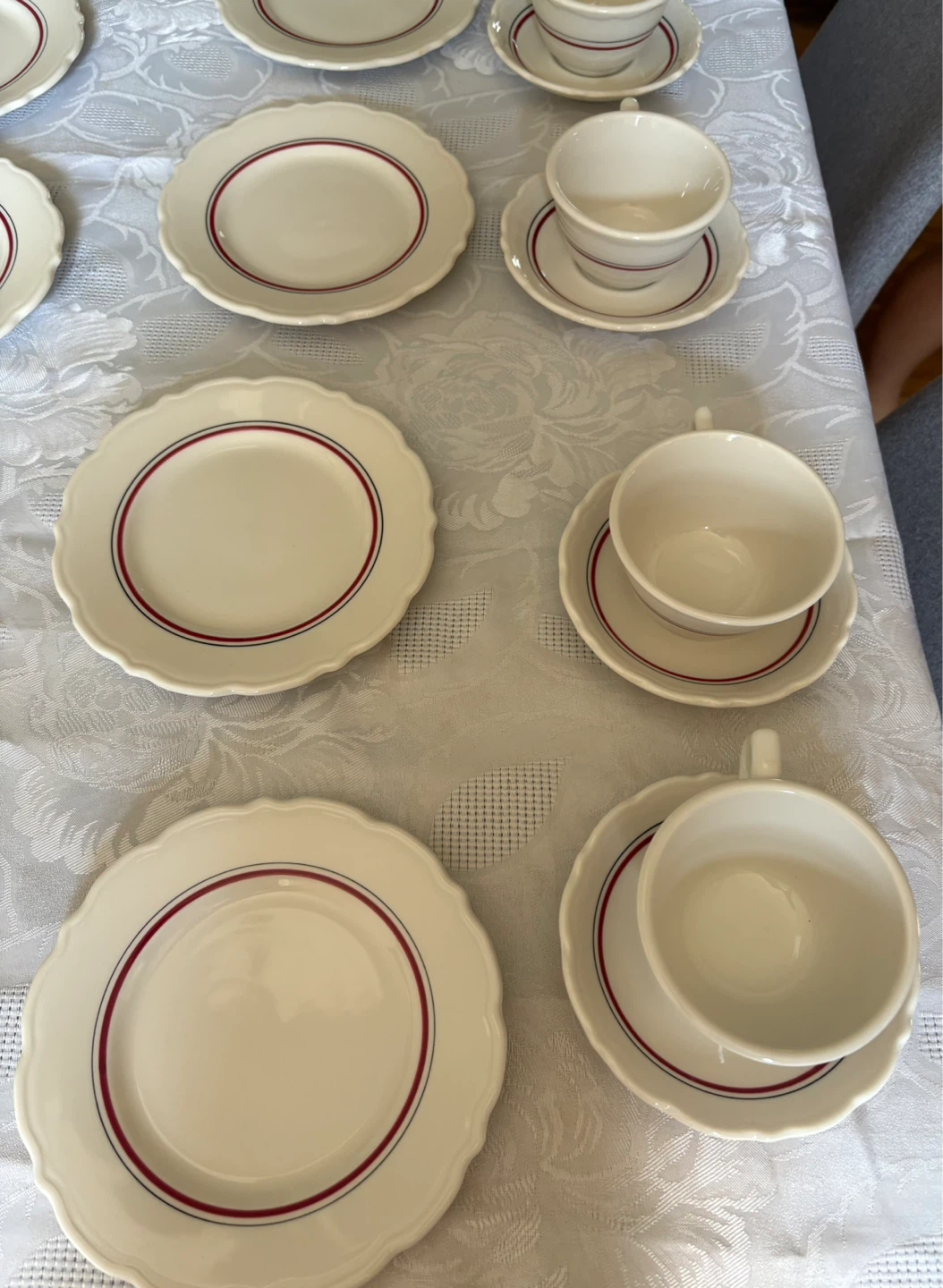 White Ceramic Cups and Saucers with Red and Blue Stripe - photo 3