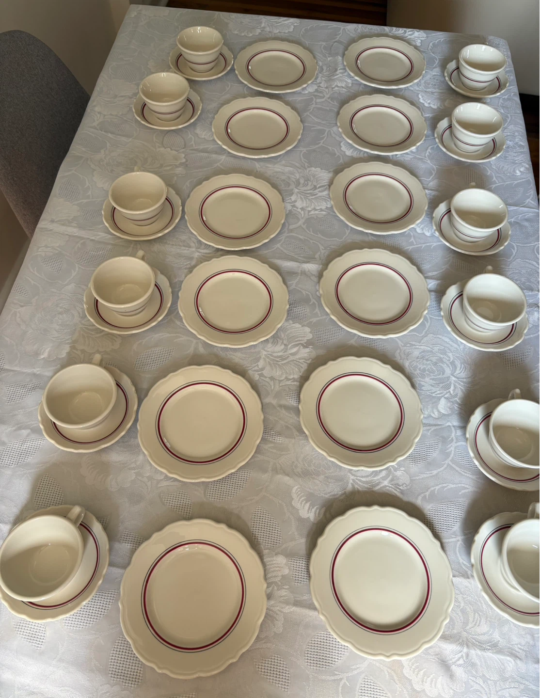 White Ceramic Cups and Saucers with Red and Blue Stripe - photo 4
