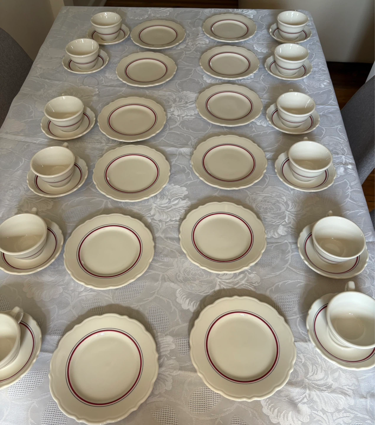 White Ceramic Cups and Saucers with Red and Blue Stripe - photo 2