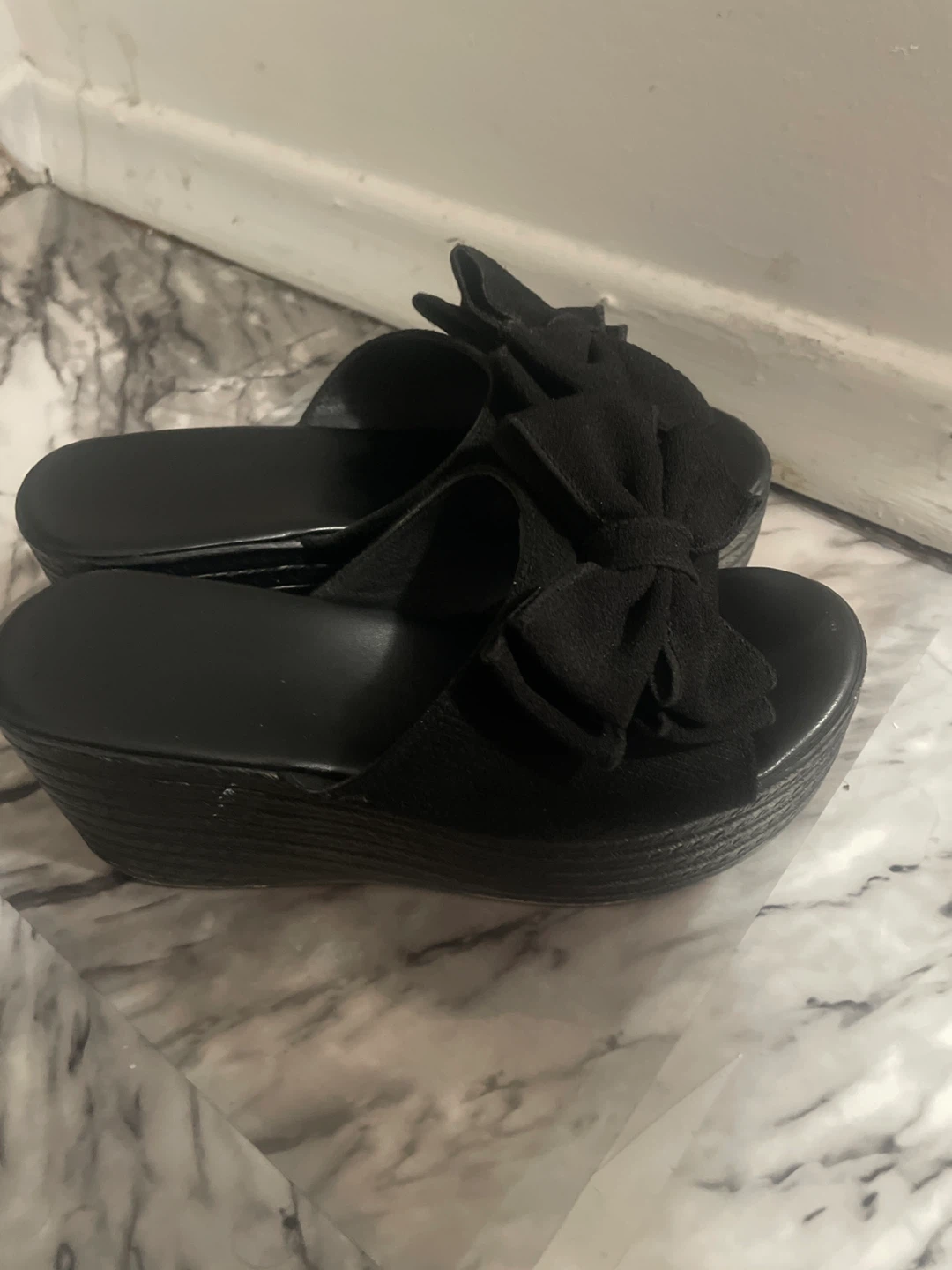 Black Wedge Sandals with Bow