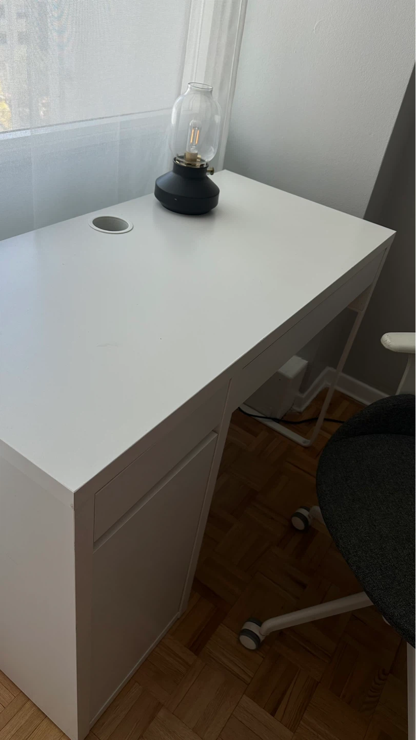 White IKEA Desk and Grey Office Chair