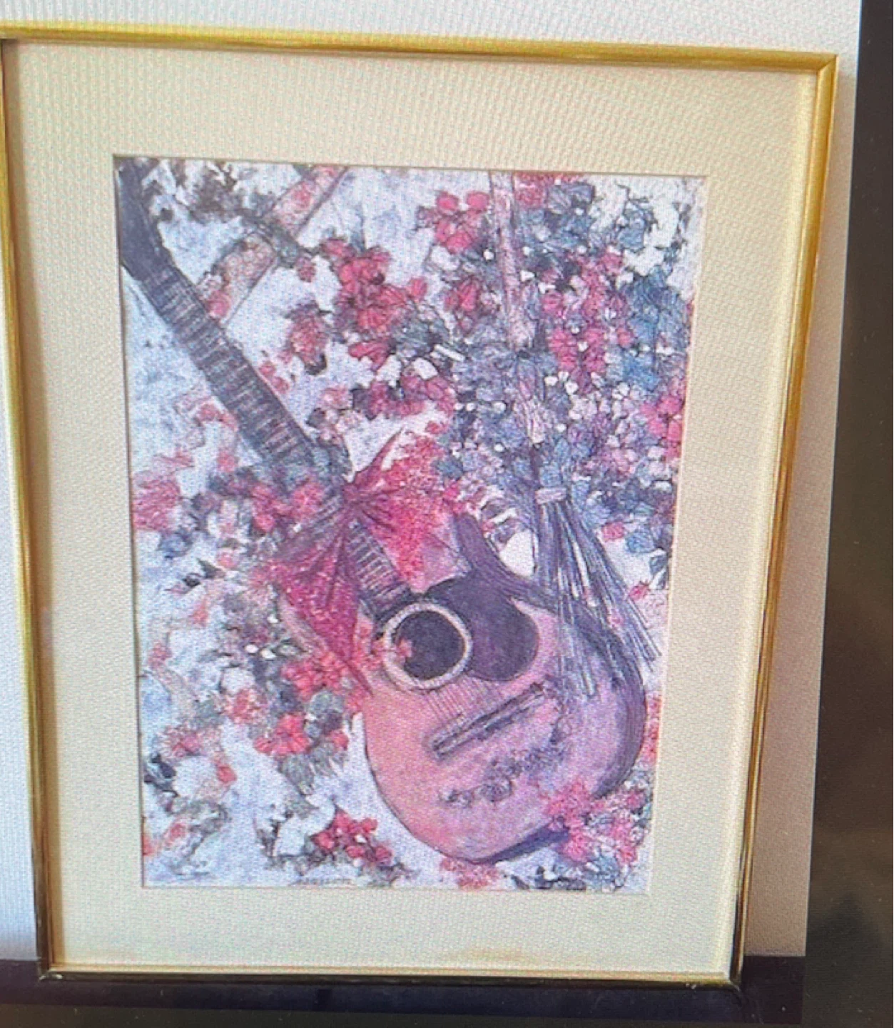 Framed Guitar and Flowers Artwork