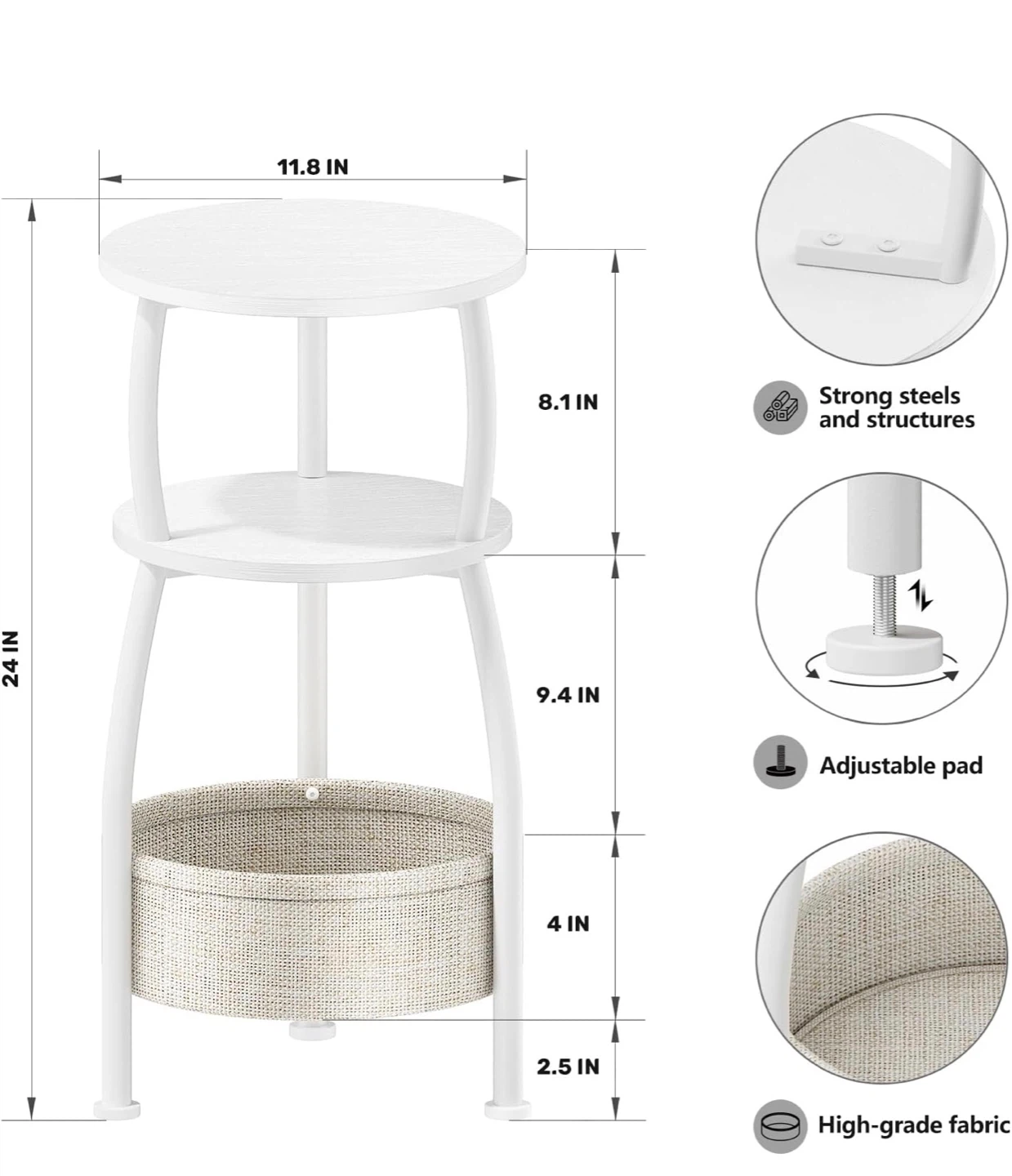 White 3-Tier Round Side Table with Storage Basket S3T - photo 3