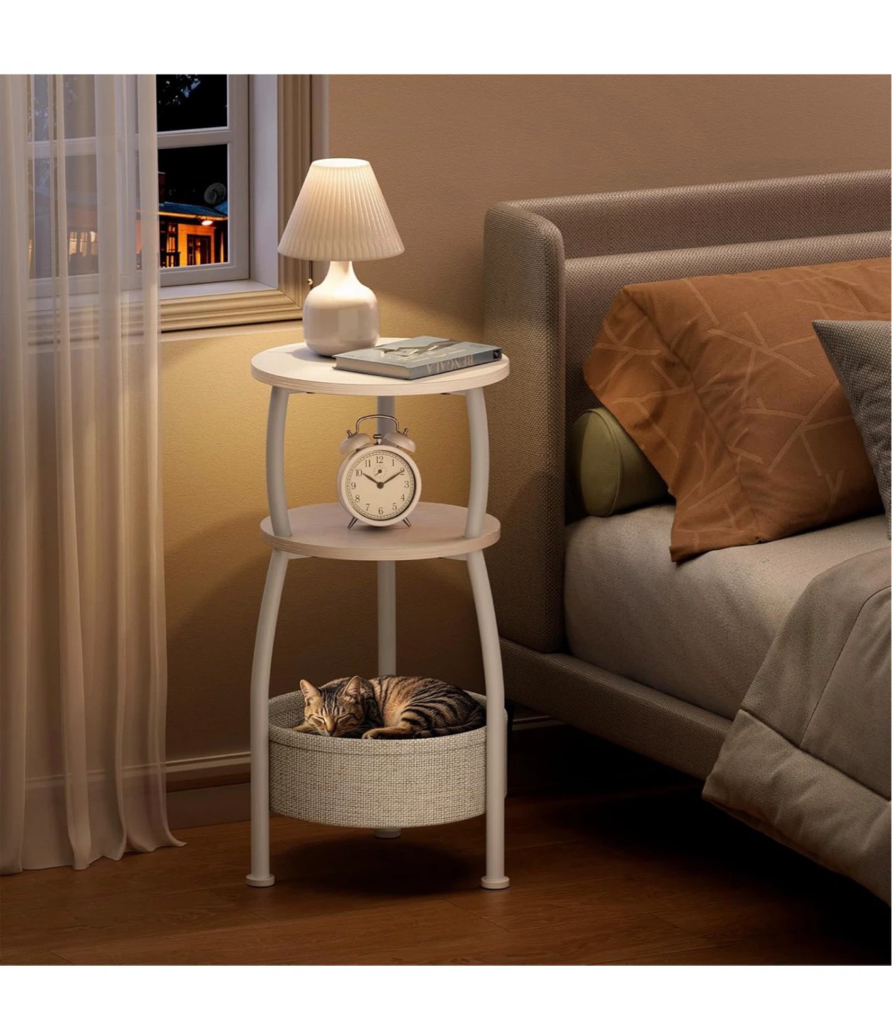 White 3-Tier Round Side Table with Storage Basket S3T - photo 5