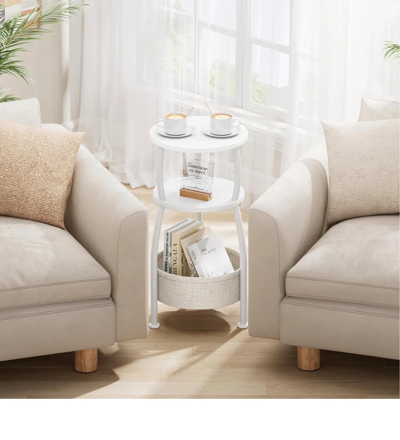 White 3-Tier Round Side Table with Storage Basket S3T - photo 4