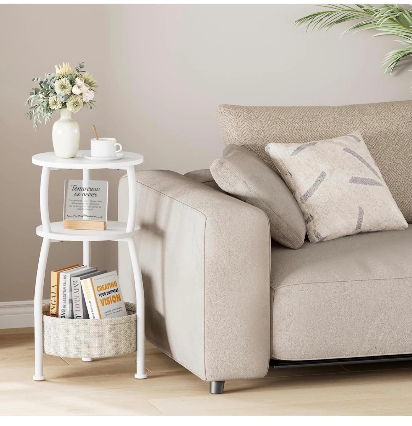 White 3-Tier Round Side Table with Storage Basket S3T - photo 2